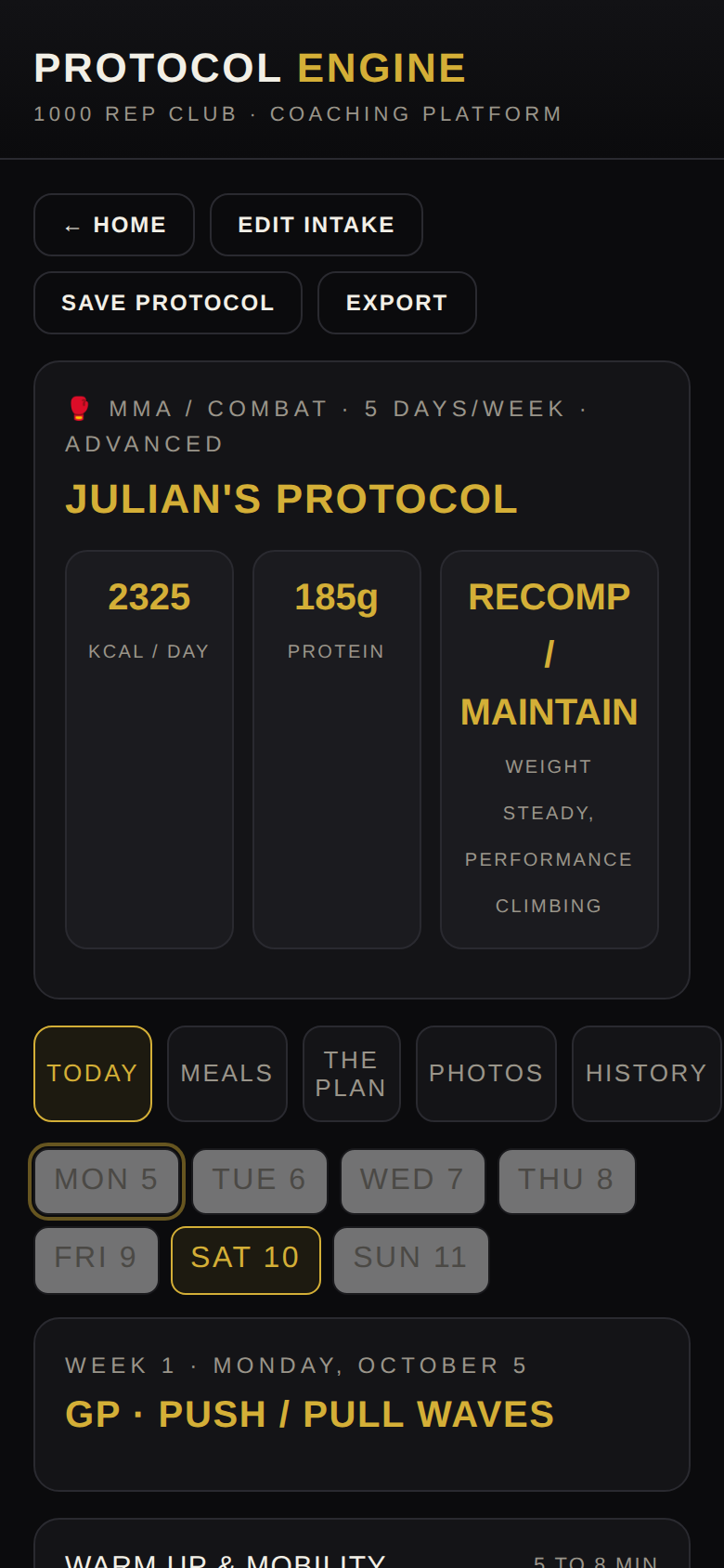 1000 Rep Club app showing an MMA fight camp training day